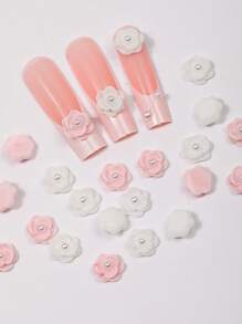 20 Pieces Of Pink And White Mixed Rose Nail Art Accessories, DIY Wearable Nail Resin Three-Dimensional Art Decorative Small Accessories, Versatile And Simple Style Accessories