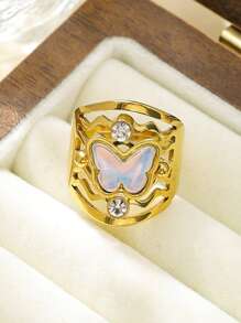 Mazuer 1 anel de zircônia com design de estrela, banhado a ouro 18K, elegante, estilo vintage, joia feminina europeia e americana, presente para Ação de Graças, Dia da Independência, festas, uso diário, férias