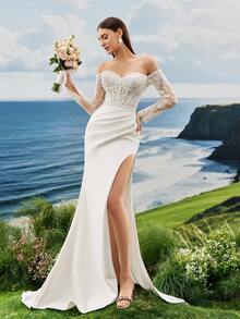 蕾丝缎飘逸优雅浪漫甜心领口奢华皇室婚纱白色婚纱高腰新娘婚纱教堂婚纱酒店婚纱花园婚纱海滩婚纱经典婚纱 - 白色 - 查看 3