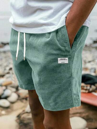 男士夏季灯芯绒直筒短裤印花简约宽松休闲运动及膝长裤