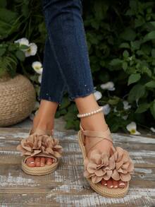 New Plus Size Women's Round Toe Cross Elastic Delicate Pleated Floral Design Lightweight Casual Slip-On Slippers/Sandals, Vacation/Beach Style, Summer - Apricot - View 5