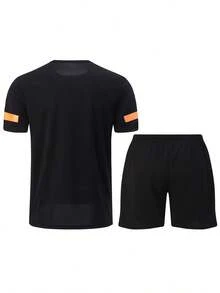 2 件套男士夏季短袖套装，休闲运动圆领 T 恤 + 短裤套装 - 黑色 - 查看 2