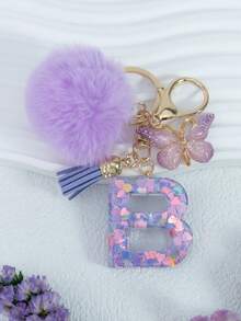 Cute Pom Pom Sequin Letter A-Z Resin Tassel Keychain, Wallet & Handbag Charm, Chain Backpack Pendant, Car Hanging Ornament, Girl Gift, School, Car Accessories, Gothic Y2k - Purple - View 25