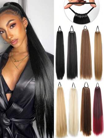 24 英寸马尾辫接发，女士多功能弹力带马尾辫耐热接发，长直发 DIY 环绕马尾辫柔软天然合成假发马尾辫，适合女性日常角色扮演和圣诞节音乐节狂欢节新年礼物使用