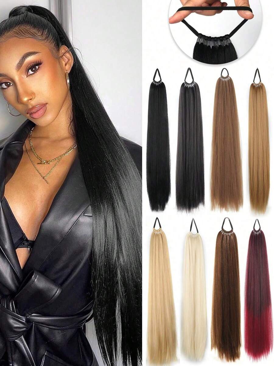 24-Inch Ponytail Hair Extensions, Multi-Functional Elastic Band, Heat Resistant, Long Straight DIY Wrap-Around Synthetic Wig For Women.