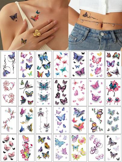 30入組女士暫時性防水紋身貼紙，可拋式3D彩色蝴蝶玫瑰花羽毛假紋身貼紙，適用於手腕、鎖骨、胸部、小腿身體藝術，防水防汗。