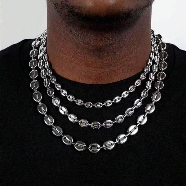 1pc Stainless Steel Coffee Bean Chain Bracelet Necklace For Men Women Silver Color Hiphop Rock Unisex Statement Jewelry