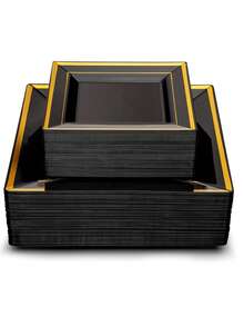 25 件 6.7 英寸/9.5 英寸黑白方形餐盘，高档优雅的餐盘，适用于盛放水果、沙拉和餐桌装饰，可重复使用且易于清洁。非常适合婚礼、生日派对和家庭聚会