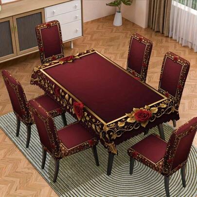 1/4/6件欧式轻奢酒红色椅套/椅套套装，适用于室内家居餐厅、酒店现代日常装饰。桌布适用于方桌，弹力椅套可水洗