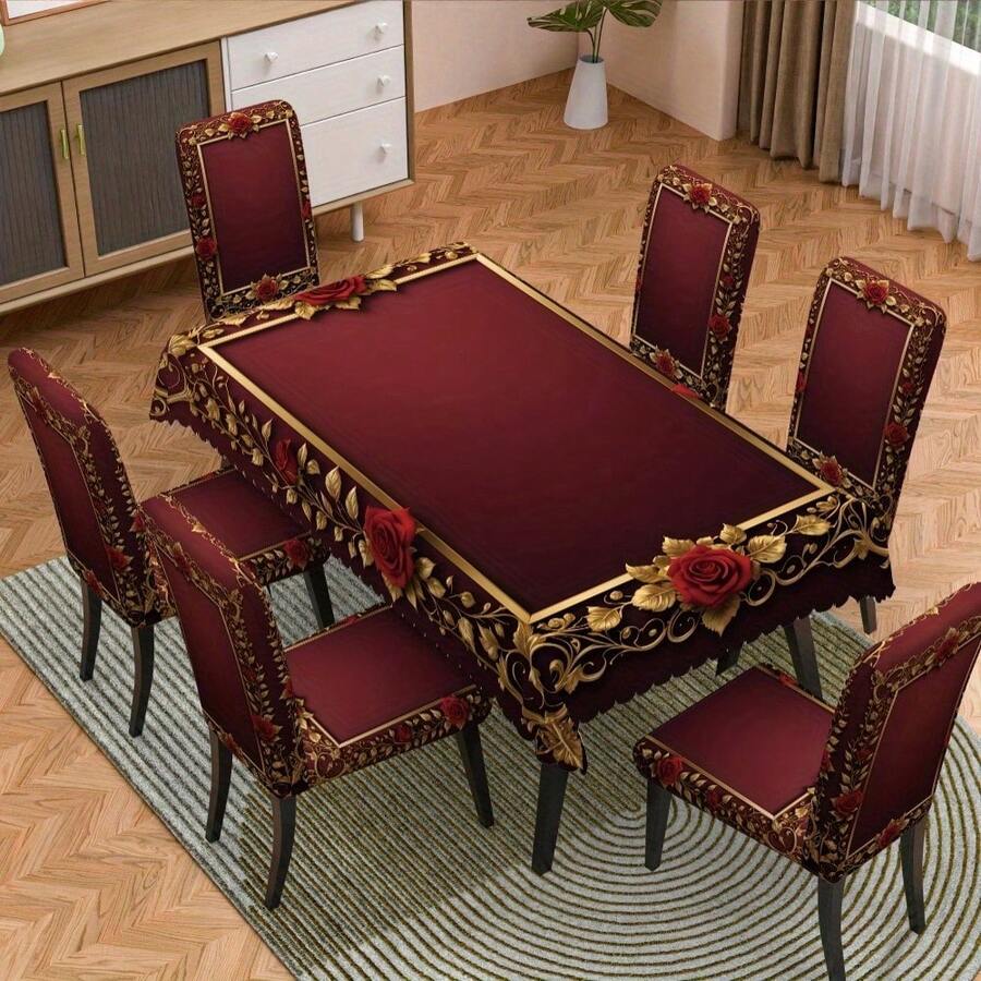 1/4/6 Stücke Europäischer edler Wein Rose Stuhlbezug / Stuhlbezug Set, geeignet für Innenbereich Zuhause, Restaurant, Hotel moderne tägliche Dekoration. Tischdecke geeignet für quadratische Tische, elastische Stuhlbezüge waschbar