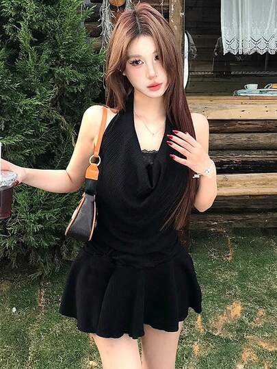 女士性感二合一蕾丝连衣裙，黑色露背吊带夏季派对优雅款