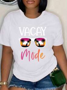 大字母标语印花T恤，休闲圆领短袖T恤，女士加大码服装 - 白色 - 查看 1