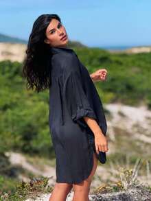 Plain Chemise Shirt Beach Cover-Up - Black - View 2