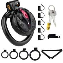Male Inverted Negative Chastity Cage With 4 Rings Set, Small Men Flat Chastity Device Lock, Realistic Pussy Penis Cage Design, BDSM Bondage Adults Sex Toys For Gay Couples (Pink)