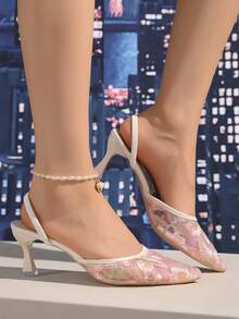 2025秋冬新款中国风白色高跟穆勒鞋，女士尖头蕾丝刺绣一脚蹬凉鞋，优雅，女士高跟鞋，优雅，派对装扮，婚礼装扮 - 粉色 - 查看 5