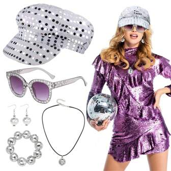 5Pcs Disco Sequin Hat Set, 70s Retro Glitter Accessories With Abba Hat Glasses Earrings Necklace Bracelet Disco Fancy Dress Costume For Women Birthday Dance Abba Night Party