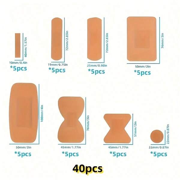 40 Waterproof Tape Bandages, Flexible PE Material, Various Sizes With Cushioning Pads, Individually Packaged For First Aid, Wound Care, And Sports Injury Prevention For Emergency Kit Bag