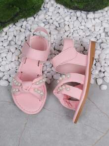 新款珍珠绑带凉鞋，韩版休闲女鞋，沙滩度假平底拖鞋 - 粉色 - 查看 4