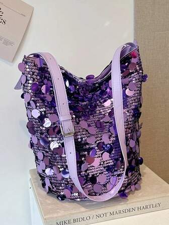 1pc Fashionable Sequin Women Bucket Bag - Shoulder Crossbody Bag With Magnetic Closure, Available In Purple/Gold/Silver/Black