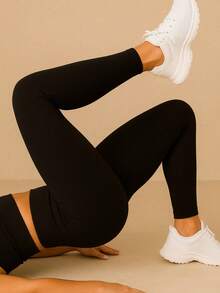 Fitness Leggings In Ribbed Knit – High Waist, Seamless And With High Elasticity Lifts Bum Bum - 黑色 - 查看 3