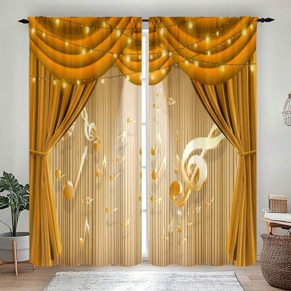 2pcs Luxury Gold Musical Note Pattern Semi-Sheer Curtains, Polyester Rod Pocket Design, Machine Washable, Fade Resistant, No Lining, Suitable For Bedroom, Living Room, Office & Home Decor Room Decor Living Room Decor