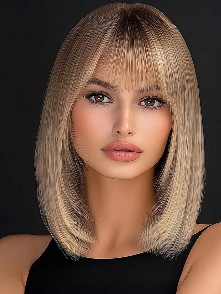 女士基本款波波头，带刘海，白色渐变色合成假发，哑光效果，高温纤维，玫瑰网帽，自然外观 - 彩色 - 查看 1