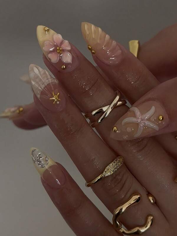 10pcs Handmade 3D Press On Nails Medium Almond Press On Nails Yellow Gradient Spring Flower With Shell Starfish And Rhinestone Bright&Vivid Design Repeated Use Full Cover Fake Nails For Women And Girls Daily Wear