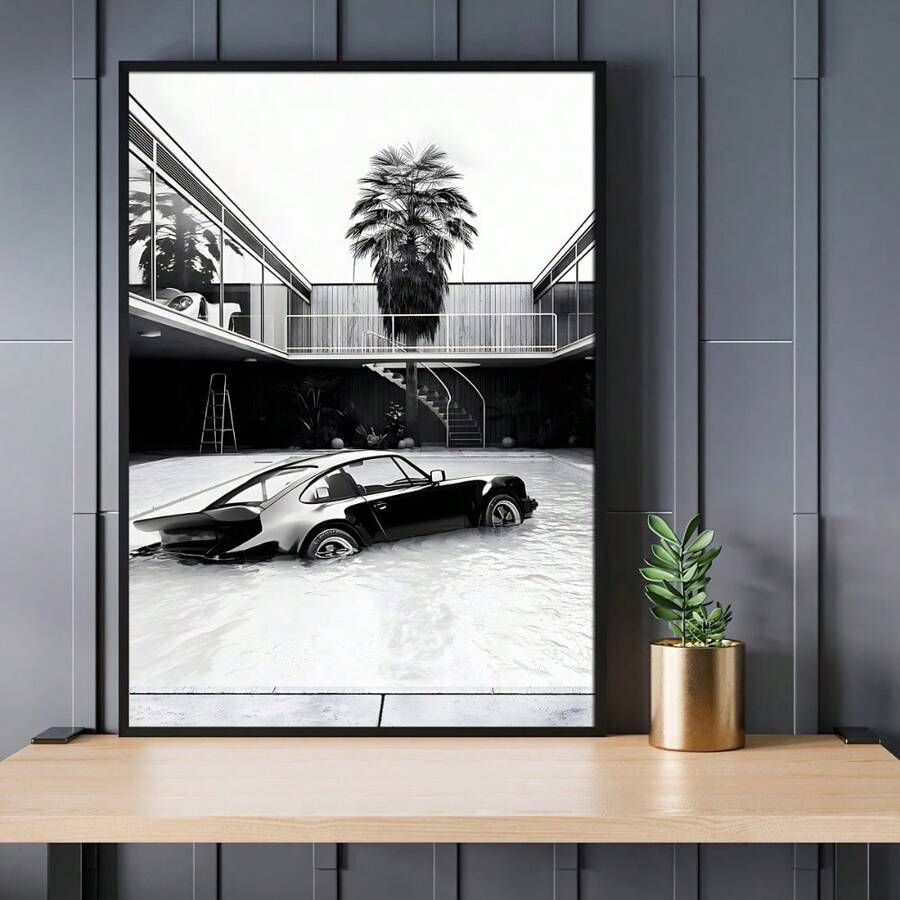 1 件汽车主题泳池海报黑白流行当代时尚墙壁艺术，适用于浴室、卧室、办公室、客厅、墙壁装饰、美学家居装饰礼物可选框架 - 彩色 - 查看 1
