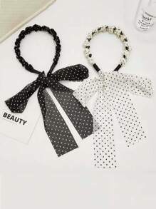 2/1 Pc Polka Dot Ribbon Headband With Long Trailing Bows, Suitable For Daily Wear By Women, Hair Accessory To Create Hairstyles, Sweet & Charming Hair Hoop, High Crown Headband