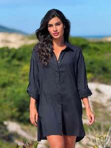 Plain Chemise Shirt Beach Cover-Up - Black - View 3