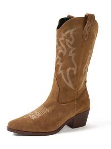 Fashionable & Versatile Women's Ankle Boots, New Autumn Pointed Toe, Comfortable Plain Color Chunky Heel Anti-Slip Shoes, Retro Embroidery Western Style,Cowboy Boots