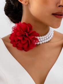 1pc Elegant Beaded Multi-Color Fabric Net Floral Triple Pearl Unique Necklace For Women - Mesh Flowers - View 12