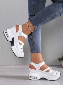 Fall/Winter 1 Pair Women Thick Sole Hollow Breathable Hook Ring White Roman Sandals, Fashion, Lightweight, Anti-Slip, Black Casual Sports Sandals,Sneakers For Women - White - View 5