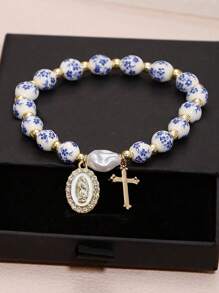 1 pièce Magnifique et délicat bracelet en céramique avec perles dorées et perles baroques artificielles, avec Vierge Marie et pendentif en acier inoxydable. Un excellent cadeau/bijou chrétien/cadeau chrétien