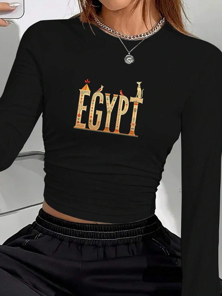Patterns EGYPT Stylized With Egyptian Motifs Women's Fashion Long Sleeve Shirt - 黑色 - 查看 1