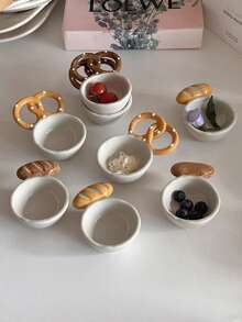 不对称形状陶瓷面包设计香料盘，有趣的手工面包形碗，创意陶瓷碗，法棍咖啡配件，带小勺的面包糖罐，学校用品 - 彩色 - 查看 12