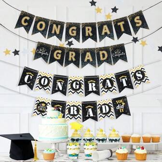 2025毕业横幅花环星形彩旗套装毕业祝贺纸花环旗帜派对装饰用品