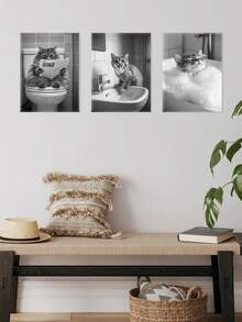 Set Of 3 Bathroom Scene Poster, Cat Newspaper Canvas Print Wall Arts, Reading Cat Poster, Sink Splash Art Prints, Relaxing Cat Wall Arts, Bubble Bath Bulk Modern Artwork, Wall Arts, Room Aesthetic, Posters, Ideal Gift, Optional Framed ,Wall Art With Frame