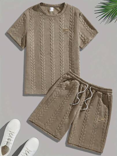 Men's Solid Color Round Neck Short Sleeve T-Shirt With Drawstring Slanted Pockets Shorts Set, Cozy Outfits