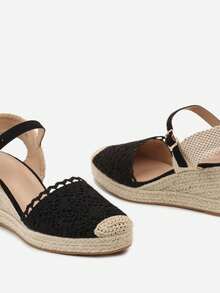Espadrille Sandals With Braided Wedge And Openwork Toe - Black - View 4
