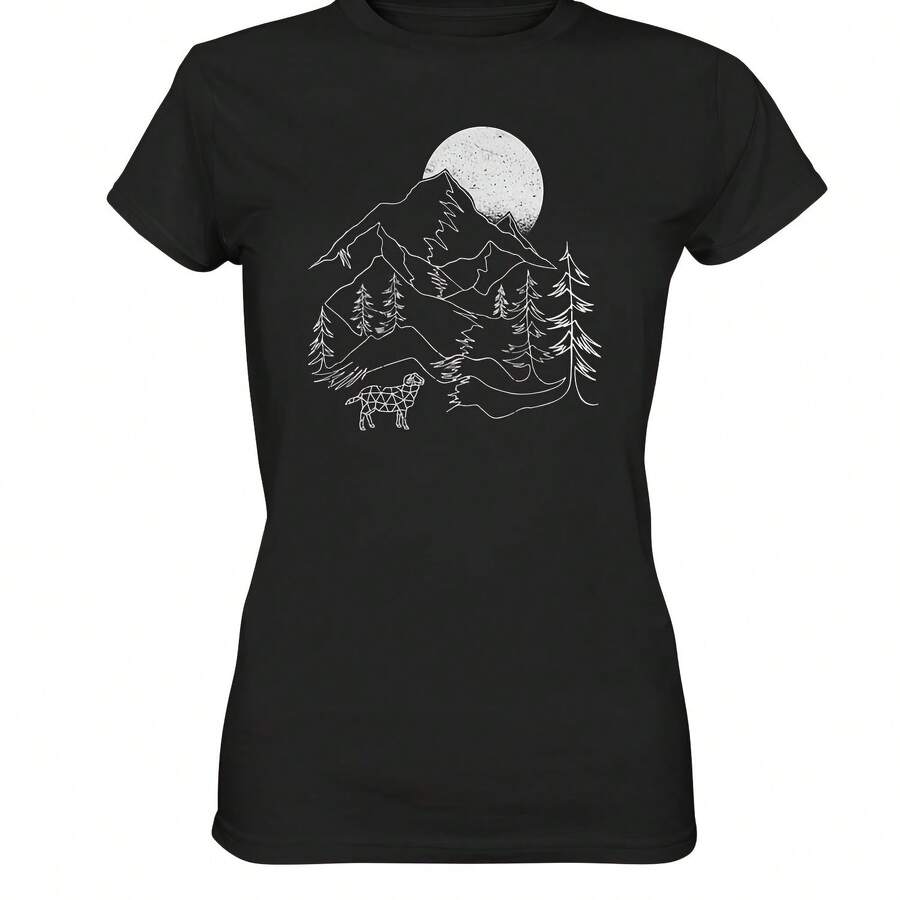 Camiseta premium para mujer de 220g de algodón puro de alta calidad con estampado minimalista de ovejas, corderos y pastoras. Tela suave y transpirable, cómoda y holgada, adecuada para usar todo el día, adecuada para vestimenta casual de oficina, apariencia diaria de primavera y verano, diseño elegante y juvenil - Negro - Ver 1