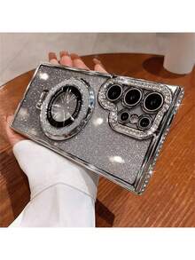 1件装奢华电镀渐变闪钻支架手机壳，兼容三星S26 Ultra、S24、S25 Ultra、S24 Plus、S23 Ultra、S22 Ultra、S23、A15、A55，支持无线充电，带摄像头保护和防震功能。 - 銀色 - 查看 2