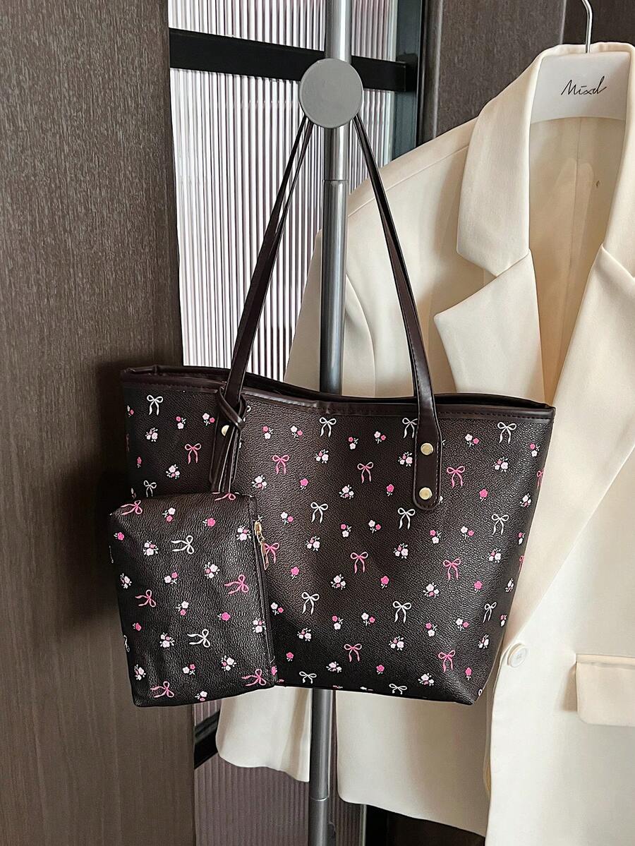 Bộ 2 túi tote cỡ lớn mới, thiết kế hoa văn và nơ, quai xách đôi, phù hợp cho công việc, đi làm, như ba lô, rộng rãi, tiện dụng, phong cách cổ điển, công sở, phù hợp cho nữ sinh trung học, sinh viên đại học, nhân viên văn phòng, tuyệt vời cho đi làm, tựu trường, học sinh trung học cơ sở, trung học phổ thông, đại học, kỳ nghỉ, túi xách thời trang có khóa kéo.