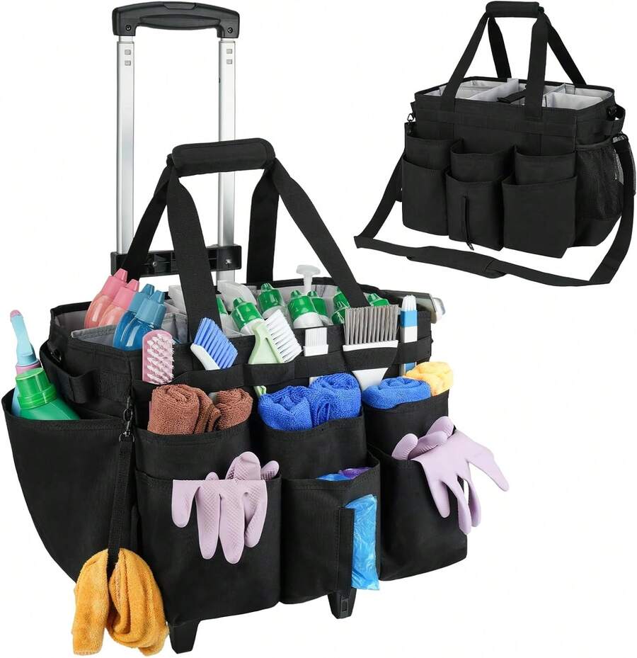 Large Rolling Cleaning Caddy Bag With Detachable Trolley,Cleaning Cart On Wheels With Shoulder Strap,Cleaning Supplies Organizer For Housekeepers,Black - 1 - View 1