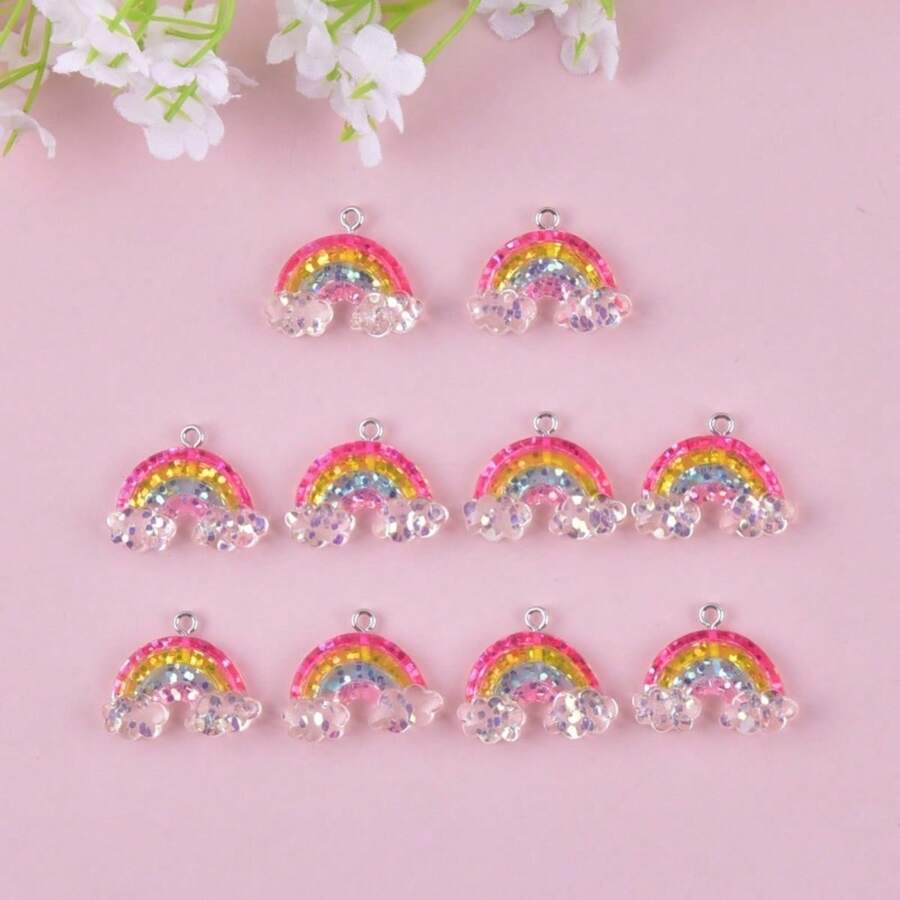 10 件 3D 闪光彩虹树脂吊坠、DIY 吊坠、耳环、项链、钥匙扣、饰品配件