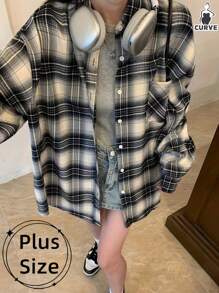 Plus Size Women Plaid Collared Button Down Shirt, Casual Loose Fit College Style, Versatile For Daily Wear And Commuting, Spring & Autumn