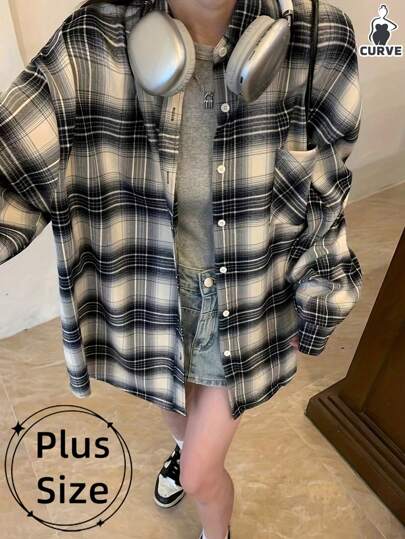 Plus Size Women Plaid Collared Button Down Shirt, Casual Loose Fit College Style, Versatile For Daily Wear And Commuting, Spring & Autumn