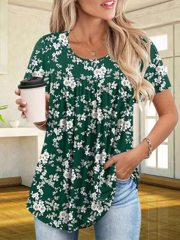 Plus Size Women Floral Print Crew Neck Short Sleeve Pleated Casual T-Shirt