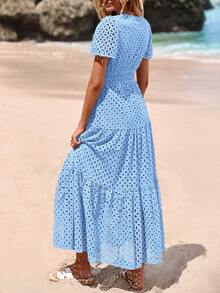 Women's Spring And Summer Maxi Dress Short Sleeve V Neck Hollow Out Eyelet A Line Long Flowy Wedding Guest Beach Vacation Dresses For Women - Màu xanh nhạt - Xem 2