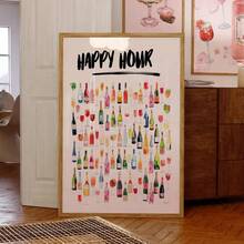 1 Pc, Wall Arts, Modern Posters, Happy Hour Vintage Watercolor Champagne Cocktail Poster Aesthetic Girly Bar Cart Art Preppy Pink Poster Cute Champagne Wall Art, Living Room Decor, Bedroom Decor Aesthetic, Housewarming Gift, Unframed ,Wall Art With Frame
